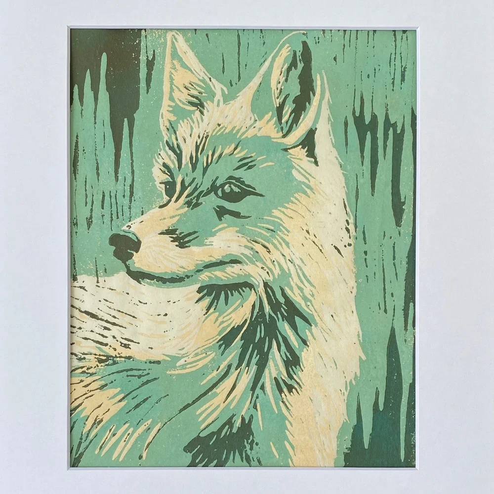 Fox Art Hand Printed Linocut Owl Reduction Print Woodland Animal Art Matted